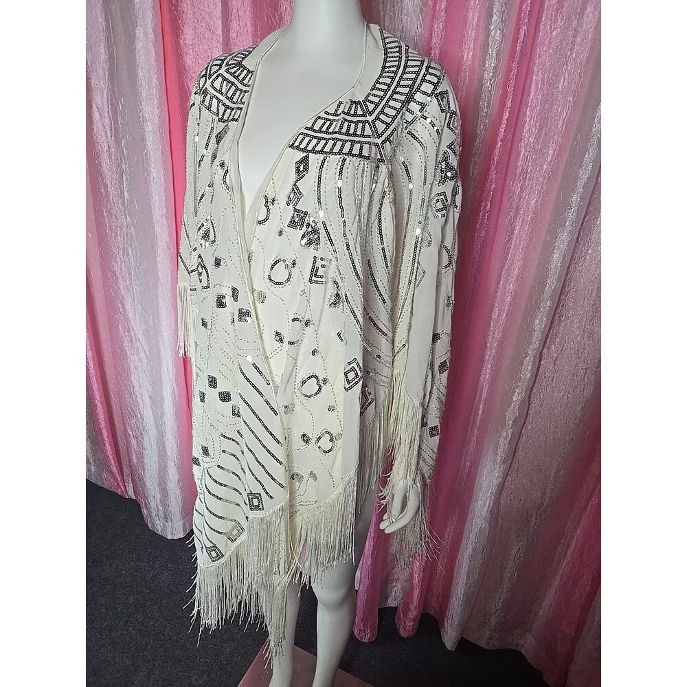Anna Kaci Exquisite White Sequin Fringe Statement Shawl Wrap One Size